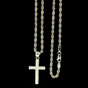 10K Real Gold Rope Chain and Cross Pendant Set